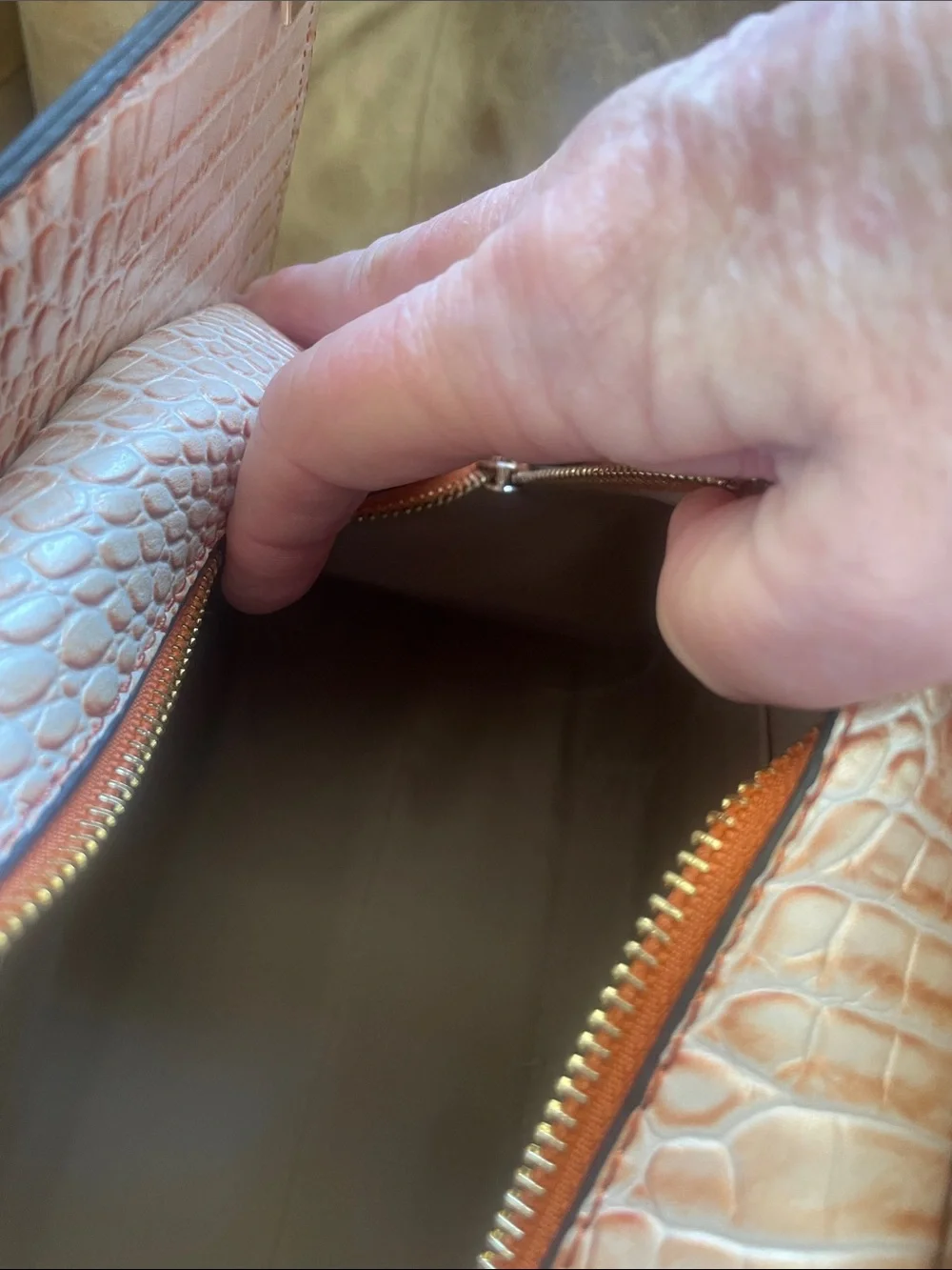 Croc-Embossed Satchel Handbag in Burnt Orange-Cream